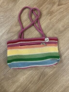 The Sak Rainbow Crochet Shoulder Bag with Pink Handles